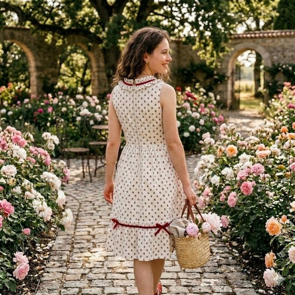 Vintage Coquette Prairie Doll Dress // Red Rosebud Ruffle Sun Dress - Size Small - Picture 2 of 12